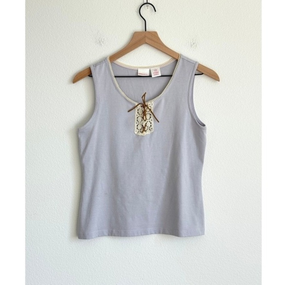VTG Xhilaration Coquette Lace Up Knit Tank Top Gray Purple Y2K Crochet Trim L